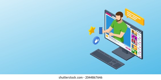 Isometric video conference. Online meeting. People on computer screen taking with colleague.