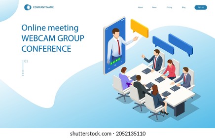 Isometric video conference. Online meeting work form home. Home office. Multiethnic business team.