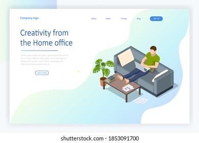 Isometric video conference. Working at home, coworking space. Online meeting work form home. Home office.