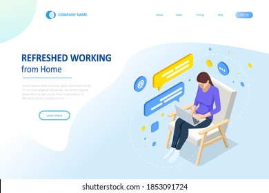 Isometric video conference. Working at home, coworking space. Online meeting work form home. Home office.