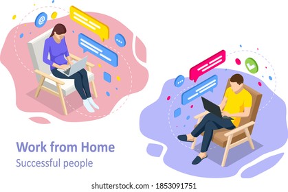 Isometric Video Conference. Working At Home, Coworking Space. Online Meeting Work Form Home. Home Office.