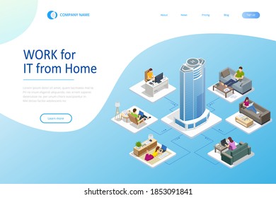 Isometric video conference. Working at home, coworking space. Online meeting work form home. Home office.