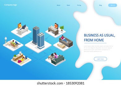 Isometric video conference. Working at home, coworking space. Online meeting work form home. Home office.