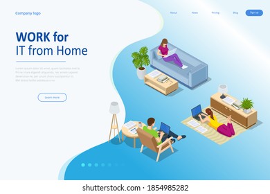 Isometric video conference. Working at home, coworking space. Online meeting work form home. Home office.