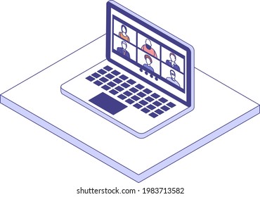 Isometric video conferencing concept. Multinational and different ages people talk via video link. Colleagues and friends communicate remotely. Isometric linear vector illustration