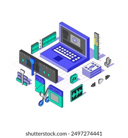 Isometric Video Editing Software. Video Editor processing Tools in Different Dimension. Axonometric vector illustration . Software for Motion Designer
