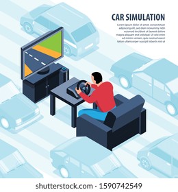Isometric video game background with editable text and view of speedway with tv set and player vector illustration