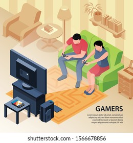 Isometric video game background with text and domestic composition with couple playing games on tv set vector illustration