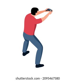 Isometric video game composition with adult male character standing with gamepad vector illustration