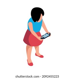 Isometric video game composition with character of little girl playing on portable gaming console vector illustration