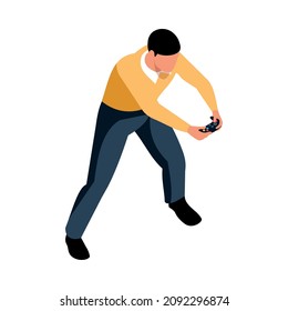 Isometric video game composition with isolated character of adult man holding gamepad vector illustration