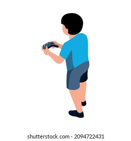 Isometric video game composition with isolated character of adolescent child holding gamepad vector illustration