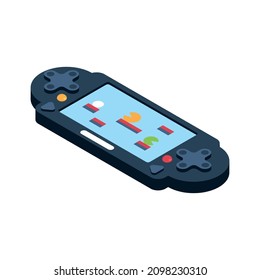 Isometric video game composition with isolated image of portable gaming console with screen vector illustration