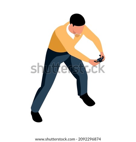 Isometric video game composition with isolated character of adult man holding gamepad vector illustration