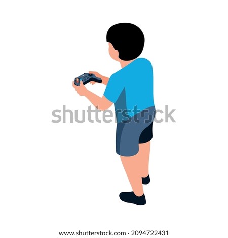Isometric video game composition with isolated character of adolescent child holding gamepad vector illustration