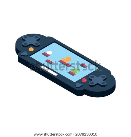 Isometric video game composition with isolated image of portable gaming console with screen vector illustration