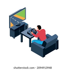 Isometric video game composition with man playing racing simulator with steering wheel controller vector illustration