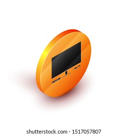 Isometric Video game console icon isolated on white background. Game console with joystick and lcd television. Orange circle button. Vector Illustration