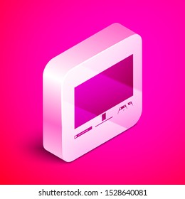 Isometric Video game console icon isolated on pink background. Game console with joystick and lcd television. Silver square button. Vector Illustration