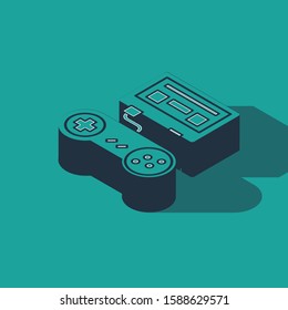 Isometric Video game console with joystick icon isolated on green background.  Vector Illustration