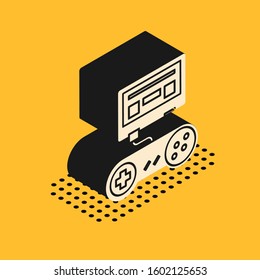 Isometric Video game console with joystick icon isolated on yellow background.  Vector Illustration