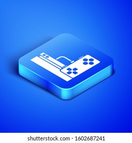 Isometric Video game console with joystick icon isolated on blue background. Blue square button. Vector Illustration