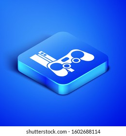 Isometric Video game console with joystick icon isolated on blue background. Blue square button. Vector Illustration