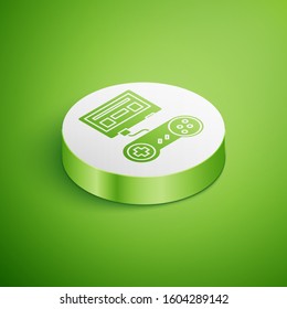 Isometric Video game console with joystick icon isolated on green background. White circle button. Vector Illustration