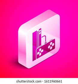 Isometric Video game console with joystick icon isolated on pink background. Silver square button. Vector Illustration