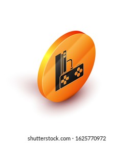 Isometric Video game console with joystick icon isolated on white background. Orange circle button. Vector Illustration