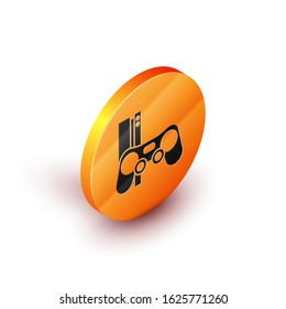 Isometric Video game console with joystick icon isolated on white background. Orange circle button. Vector Illustration