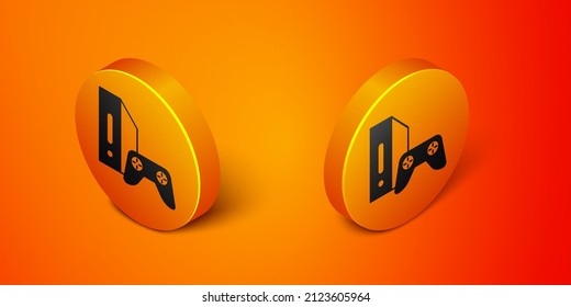 Isometric Video game console with joystick icon isolated on orange background. Orange circle button. Vector