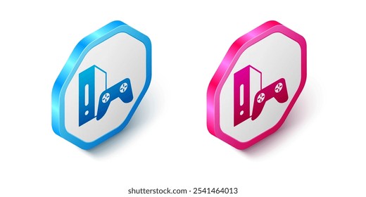 Isometric Video game console with joystick icon isolated on white background. Hexagon button. Vector