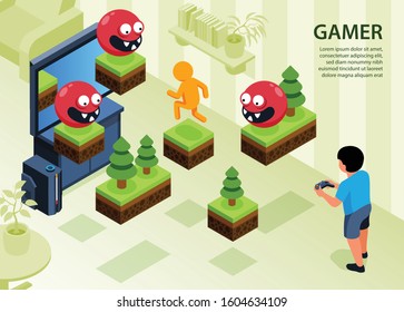 Isometric video game horizontal background with indoor composition of platforms and mobs with little boy character vector illustration