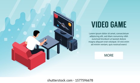 Isometric video game horizontal banner with editable text clickable more button and images of playing man vector illustration