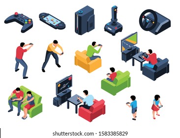 Isometric video game set of isolated joysticks gaming consoles and human characters with pieces of furniture vector illustration