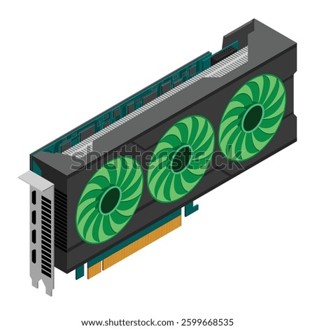 Isometric video graphic card. Video card isometric. Computer hardware components. GPU graphic card illustration