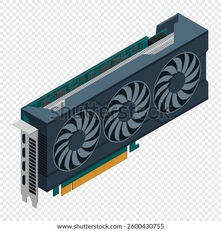 Isometric video graphic card. Video card isometric. Computer hardware components. GPU graphic card illustration
