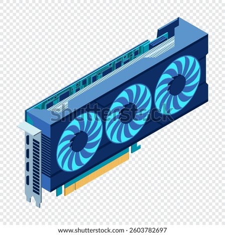 Isometric video graphic card. Video card isometric. Computer hardware components. GPU graphic card illustration