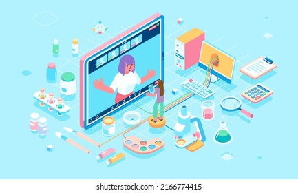 Isometric Video Meeting Discussion And Video Conferencing In Educational Institutions, With The Education Curriculum Icon Pastel Color Palette