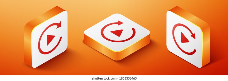 Isometric Video play button like simple replay icon isolated on orange background. Orange square button. Vector.