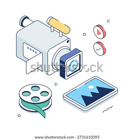 Isometric video production illustration with camera and film reel