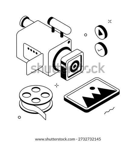 Isometric video production illustration with camera and film reel