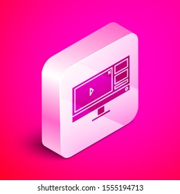 Isometric Video recorder or editor software on computer monitor icon isolated on pink background. Silver square button. Vector Illustration