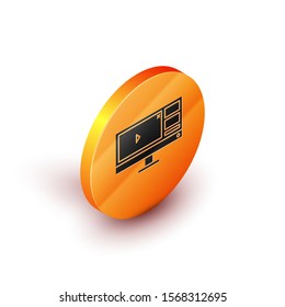 Isometric Video recorder or editor software on computer monitor icon isolated on white background. Orange circle button. Vector Illustration