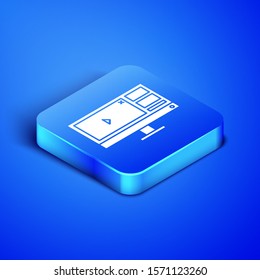 Isometric Video recorder or editor software on computer monitor icon isolated on blue background. Blue square button. Vector Illustration