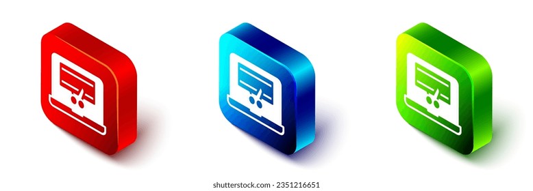 Isometric Video recorder or editor software on laptop icon isolated on white background. Video editing on a laptop. Red, blue and green square button. Vector