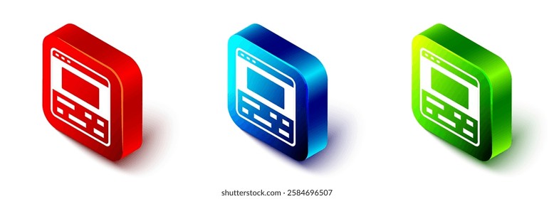 Isometric Video recorder or editor software on laptop icon isolated on white background. Video editing on a laptop. Red, blue and green square button. Vector