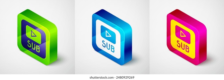 Isometric Video with subtitles icon isolated on grey background. Square button. Vector