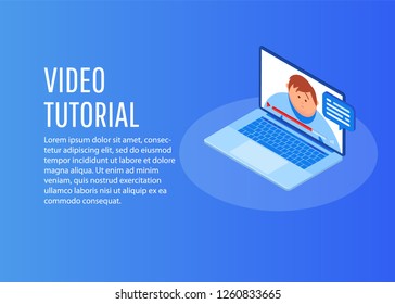Isometric video tutorials icon concept. Study and learning background, distance education and knowledge growth. 